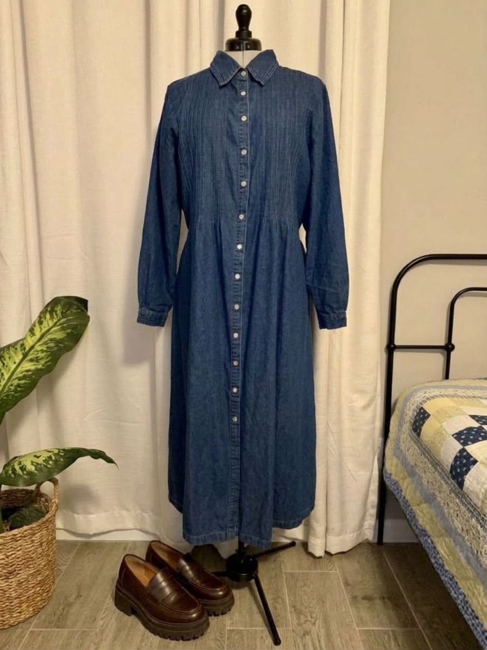 DIANA MARCO Vintage 90s Denim Maxi Dress Size 14 Cinch Back Pearl Snaps Cotton